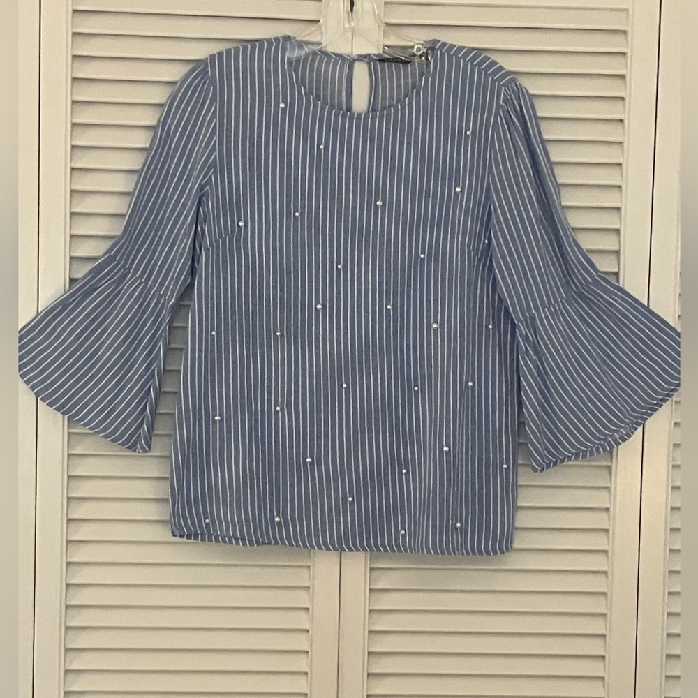 Hannah Blue/White Striped and Pearl Bead Top
